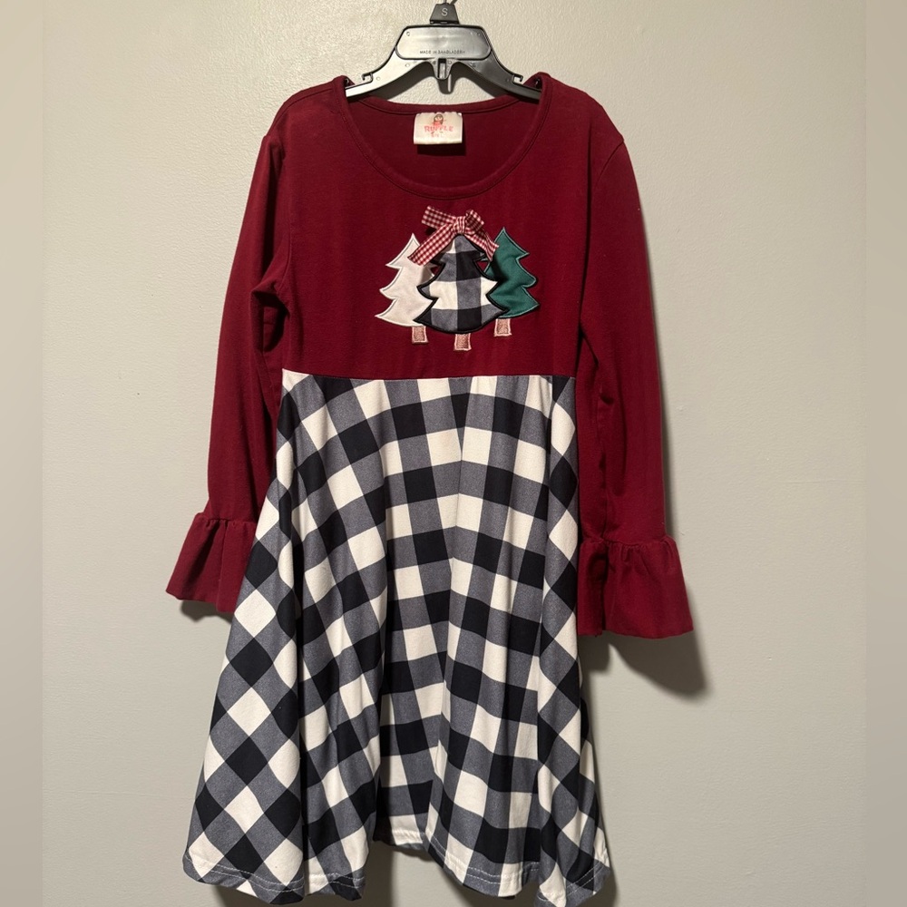 Ruffle Girl Maroon With Checkered Skirt with Tree Appliqué  Sz 5 XL